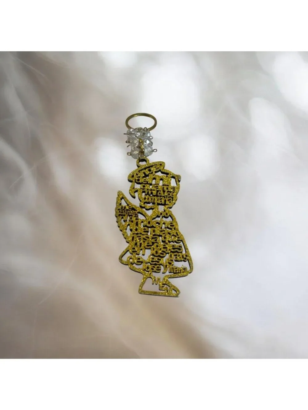 Gold Glitter Angel Keychain With Clear Beads & Intricate Prayer Design